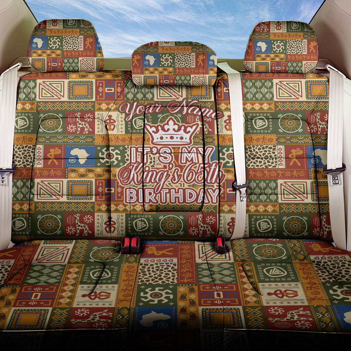 Personalized African King's 65th Birthday Back Car Seat Cover Traditional Ethnic Patchwork Safari Animals
