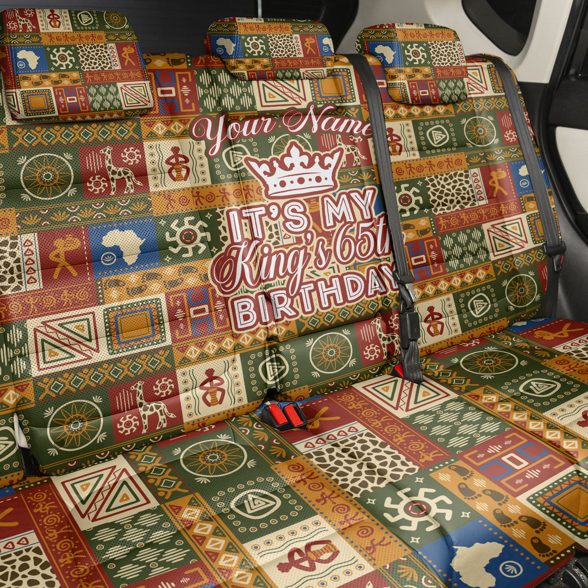 Personalized African King's 65th Birthday Back Car Seat Cover Traditional Ethnic Patchwork Safari Animals