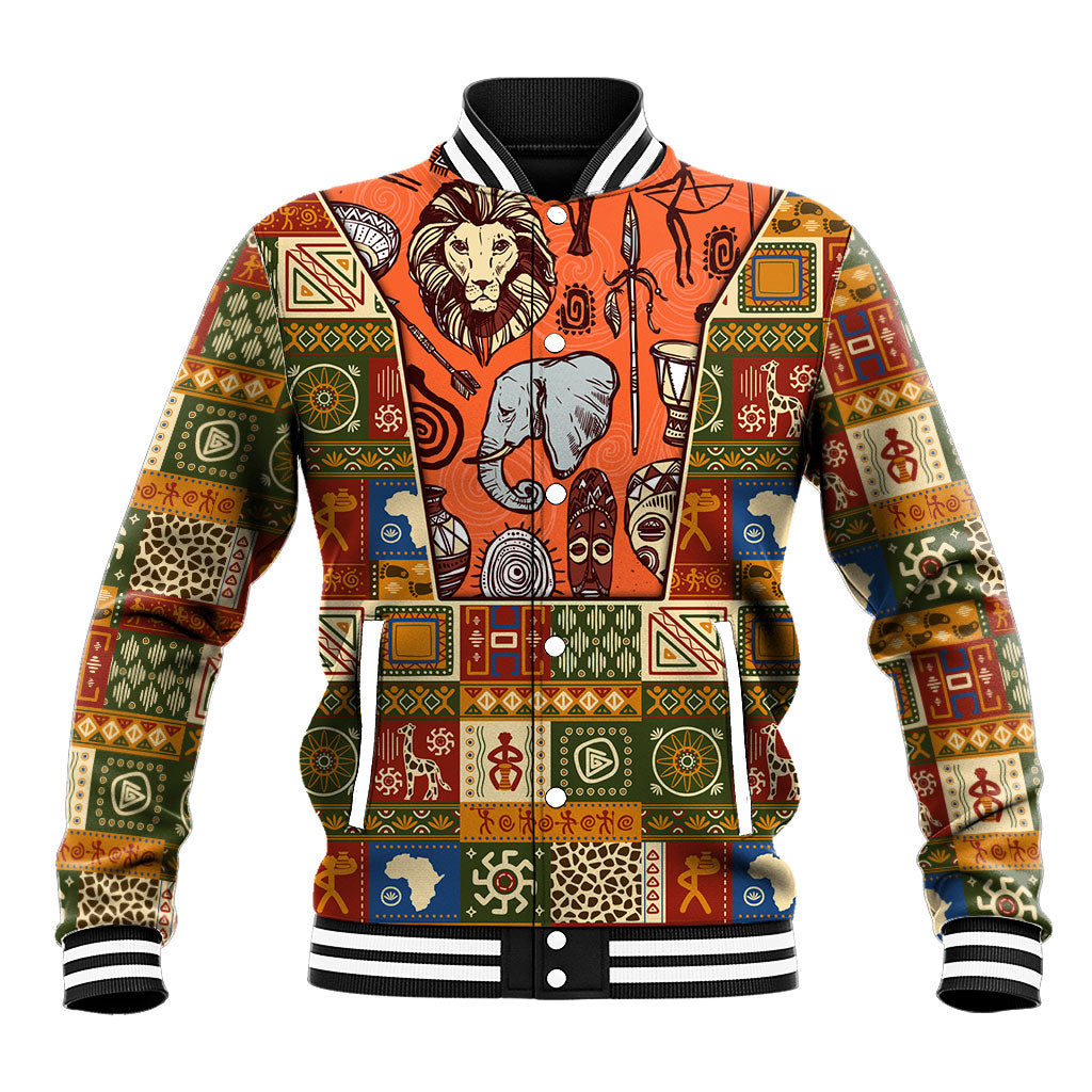 Personalized African King's 65th Birthday Baseball Jacket Traditional Ethnic Patchwork Safari Animals