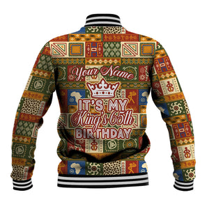Personalized African King's 65th Birthday Baseball Jacket Traditional Ethnic Patchwork Safari Animals