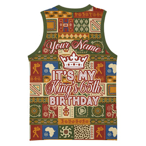 Personalized African King's 65th Birthday Basketball Jersey Traditional Ethnic Patchwork Safari Animals