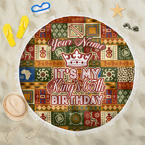 Personalized African King's 65th Birthday Beach Blanket Traditional Ethnic Patchwork Safari Animals