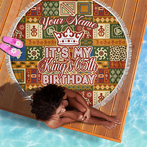 Personalized African King's 65th Birthday Beach Blanket Traditional Ethnic Patchwork Safari Animals