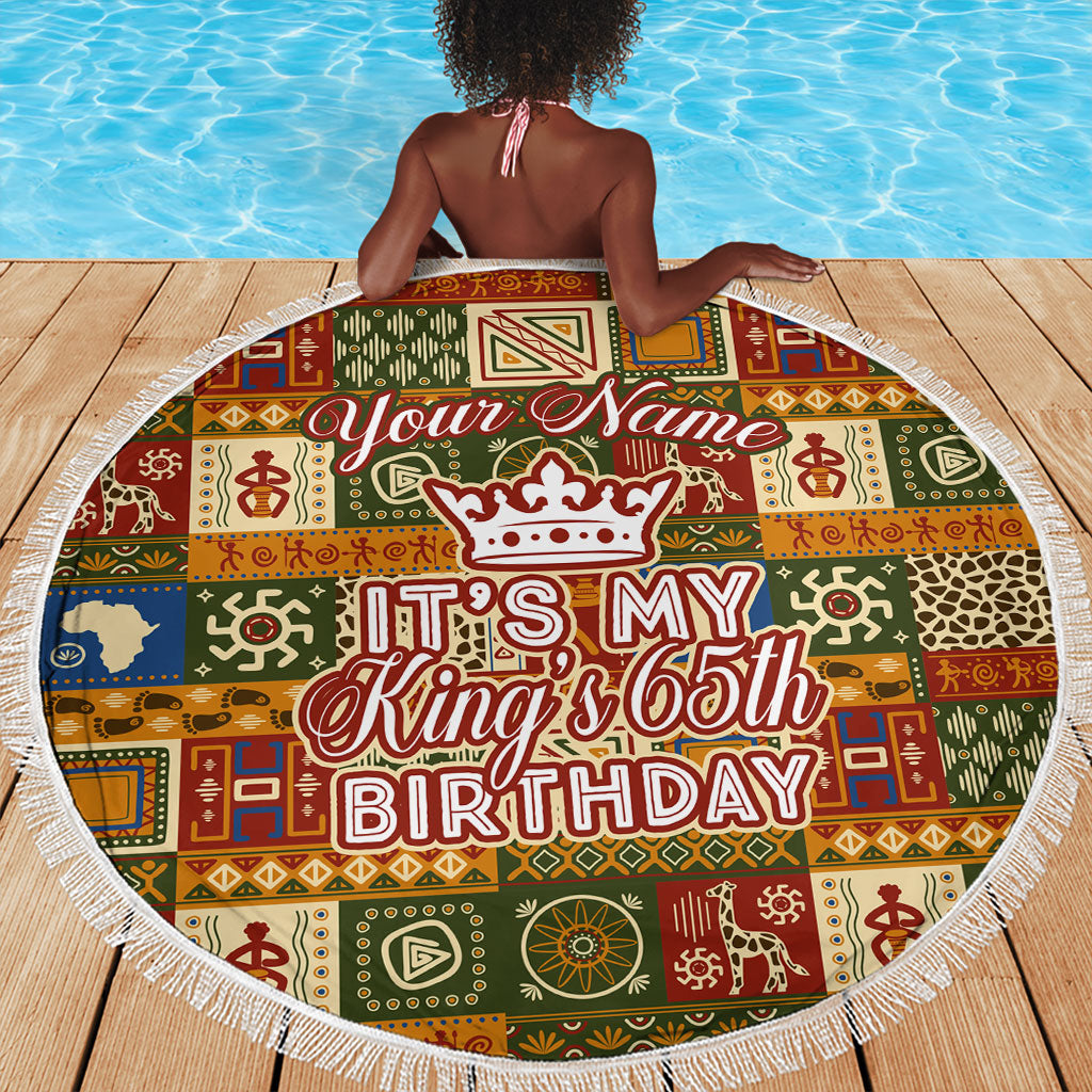 Personalized African King's 65th Birthday Beach Blanket Traditional Ethnic Patchwork Safari Animals