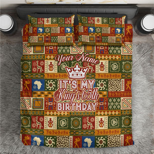 Personalized African King's 65th Birthday Bedding Set Traditional Ethnic Patchwork Safari Animals