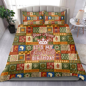 Personalized African King's 65th Birthday Bedding Set Traditional Ethnic Patchwork Safari Animals