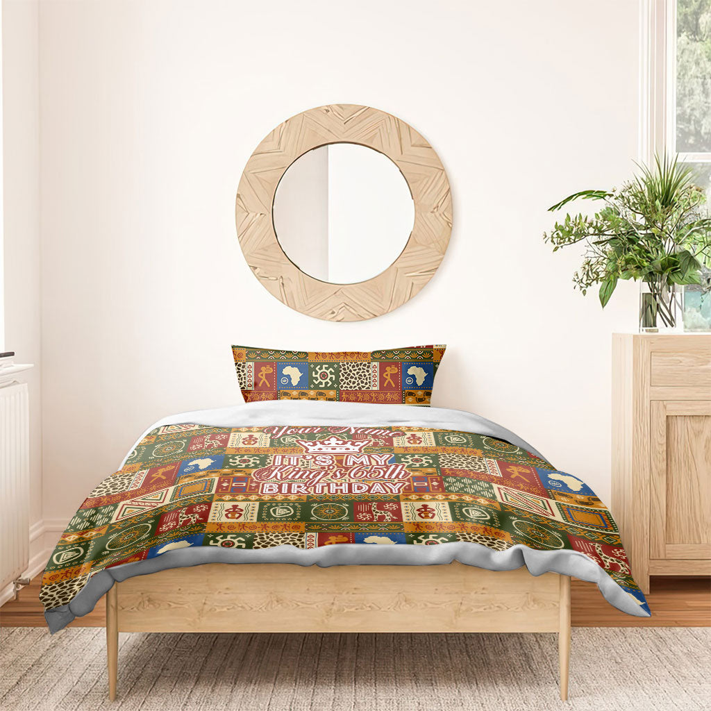Personalized African King's 65th Birthday Bedding Set Traditional Ethnic Patchwork Safari Animals