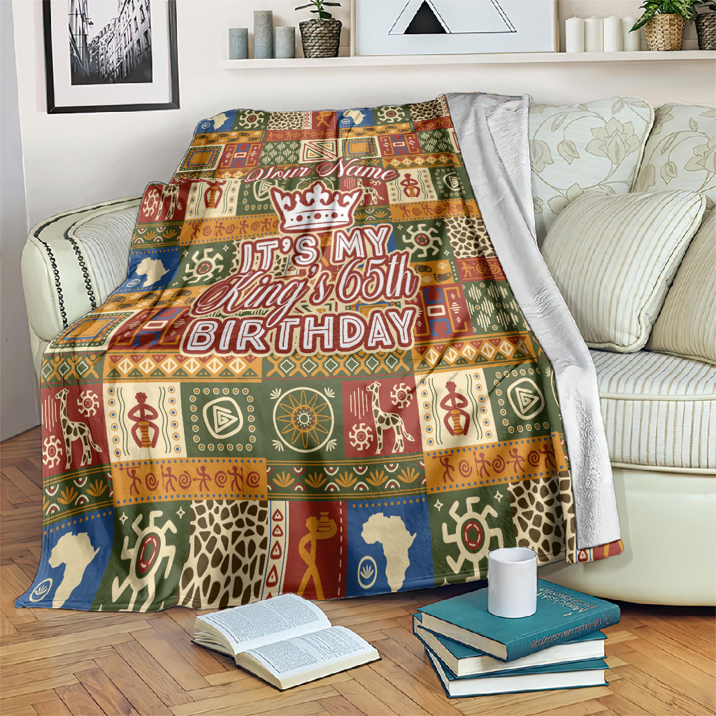 Personalized African King's 65th Birthday Blanket Traditional Ethnic Patchwork Safari Animals