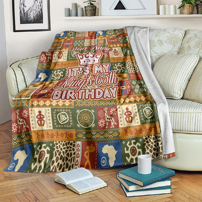 Personalized African King's 65th Birthday Blanket Traditional Ethnic Patchwork Safari Animals