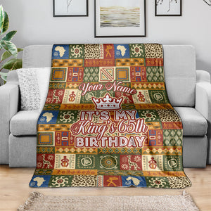 Personalized African King's 65th Birthday Blanket Traditional Ethnic Patchwork Safari Animals