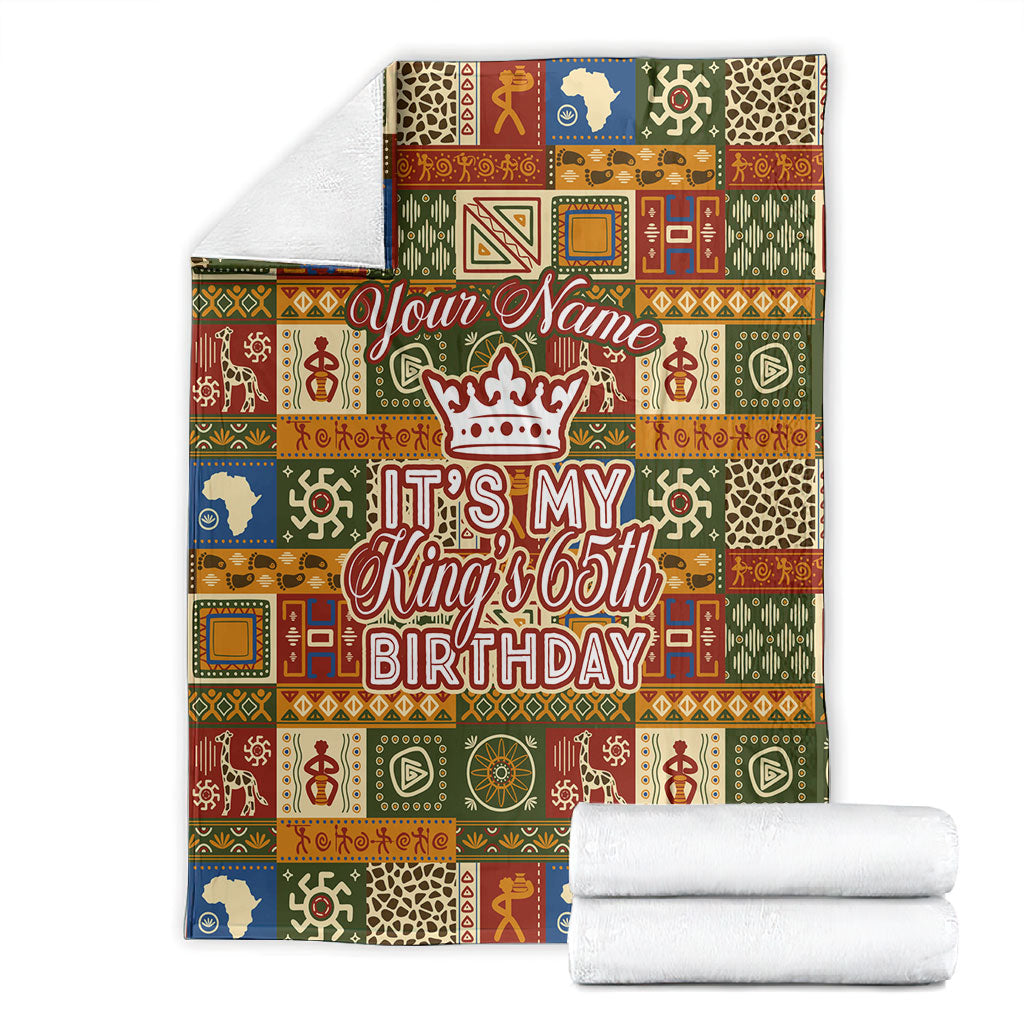Personalized African King's 65th Birthday Blanket Traditional Ethnic Patchwork Safari Animals