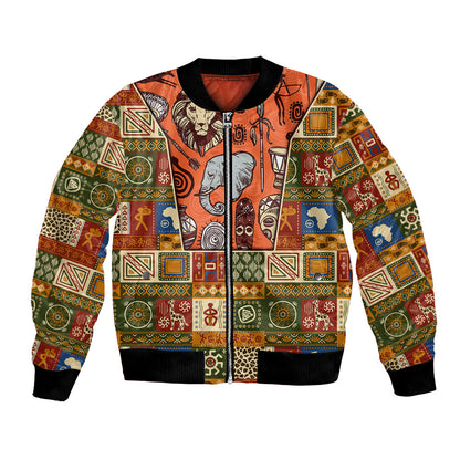 Personalized African King's 65th Birthday Bomber Jacket Traditional Ethnic Patchwork Safari Animals