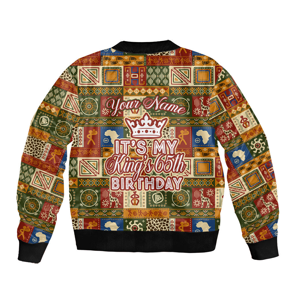 Personalized African King's 65th Birthday Bomber Jacket Traditional Ethnic Patchwork Safari Animals