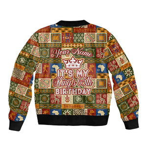 Personalized African King's 65th Birthday Bomber Jacket Traditional Ethnic Patchwork Safari Animals