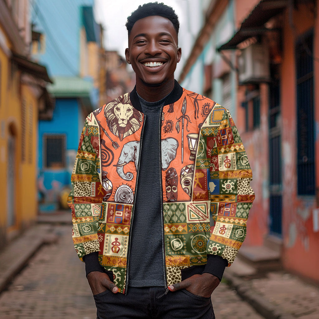 Personalized African King's 65th Birthday Bomber Jacket Traditional Ethnic Patchwork Safari Animals