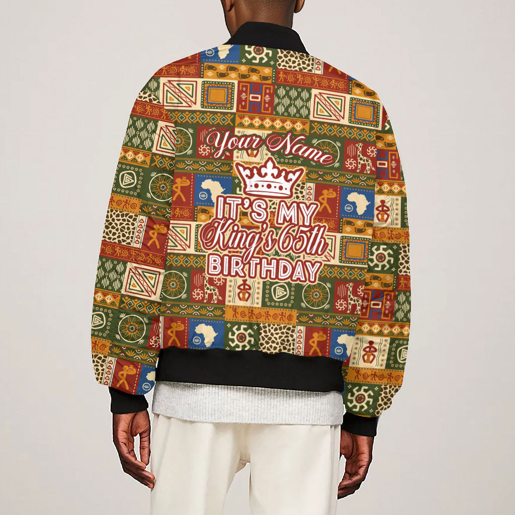 Personalized African King's 65th Birthday Bomber Jacket Traditional Ethnic Patchwork Safari Animals