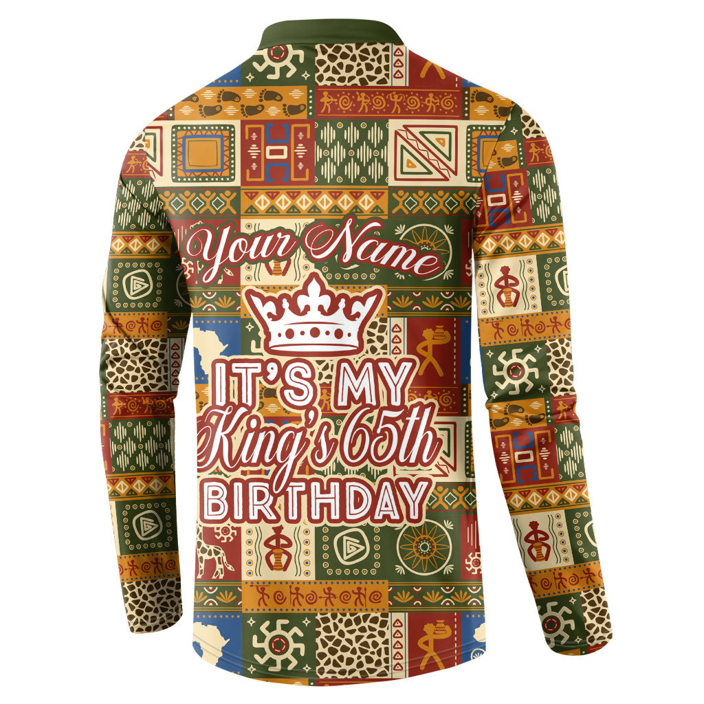 Personalized African King's 65th Birthday Button Sweatshirt Traditional Ethnic Patchwork Safari Animals
