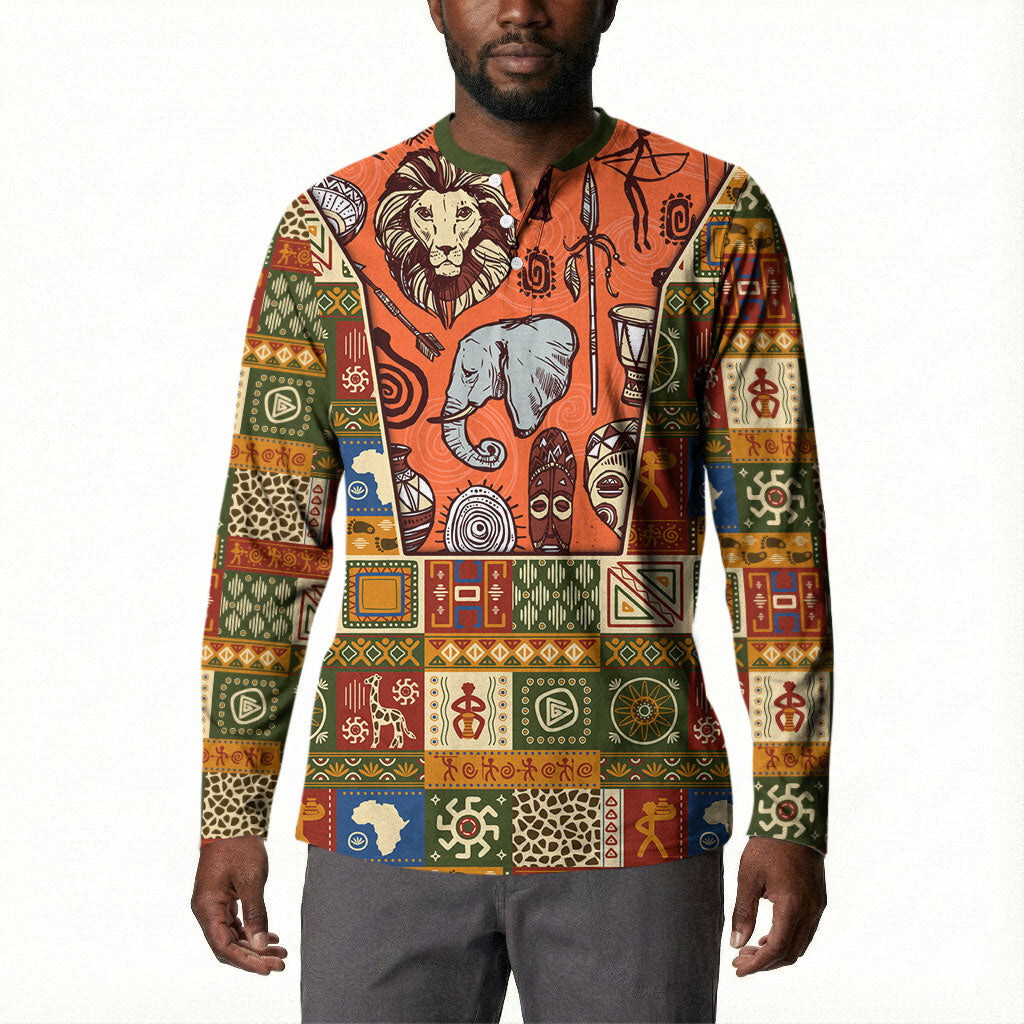 Personalized African King's 65th Birthday Button Sweatshirt Traditional Ethnic Patchwork Safari Animals