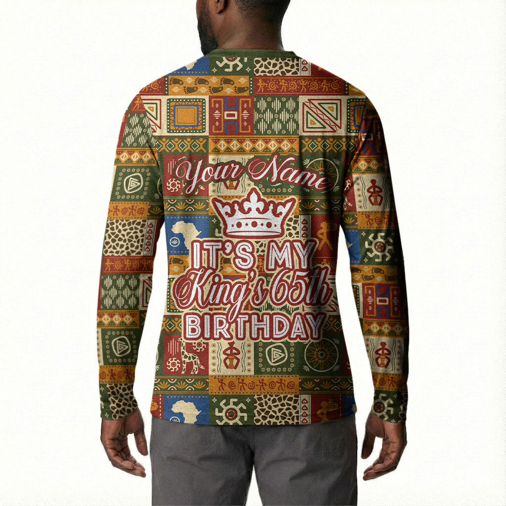 Personalized African King's 65th Birthday Button Sweatshirt Traditional Ethnic Patchwork Safari Animals