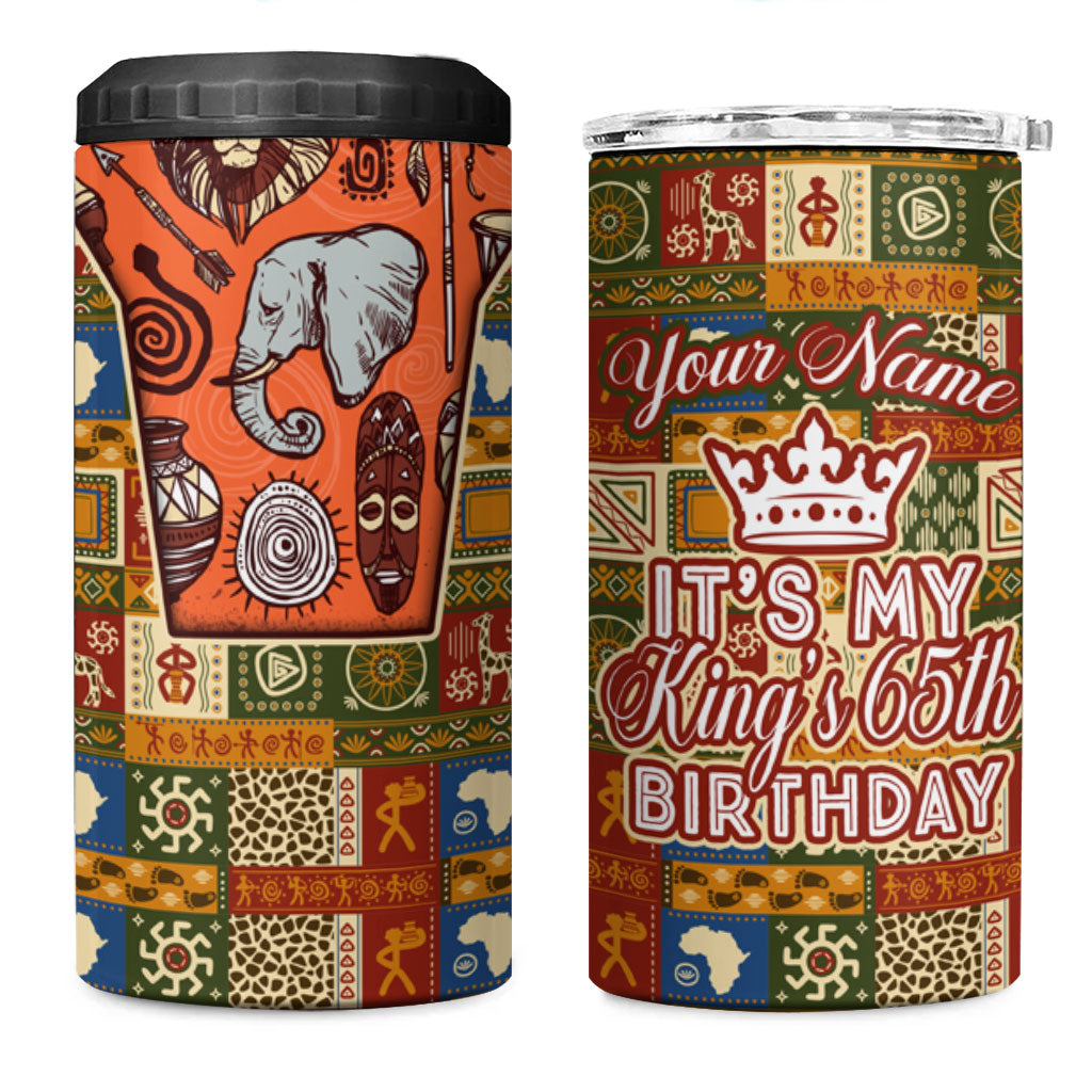 Personalized African King's 65th Birthday 4 in 1 Can Cooler Tumbler Traditional Ethnic Patchwork Safari Animals