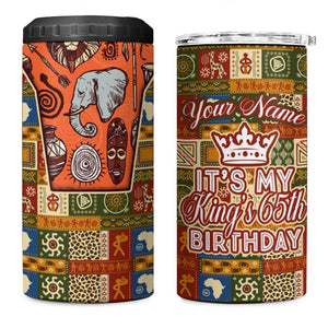 Personalized African King's 65th Birthday 4 in 1 Can Cooler Tumbler Traditional Ethnic Patchwork Safari Animals