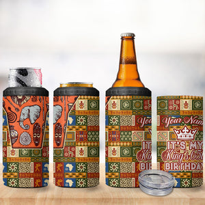 Personalized African King's 65th Birthday 4 in 1 Can Cooler Tumbler Traditional Ethnic Patchwork Safari Animals