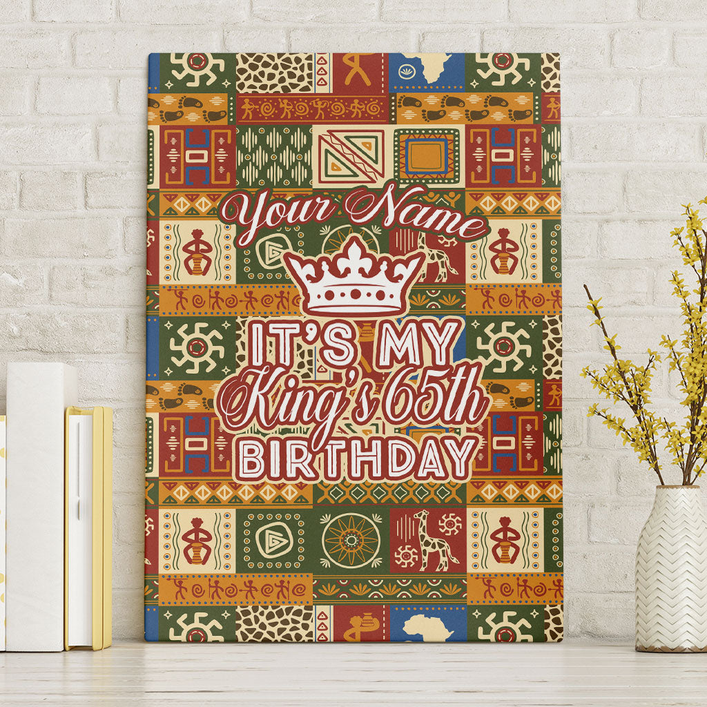 Personalized African King's 65th Birthday Canvas Wall Art Traditional Ethnic Patchwork Safari Animals