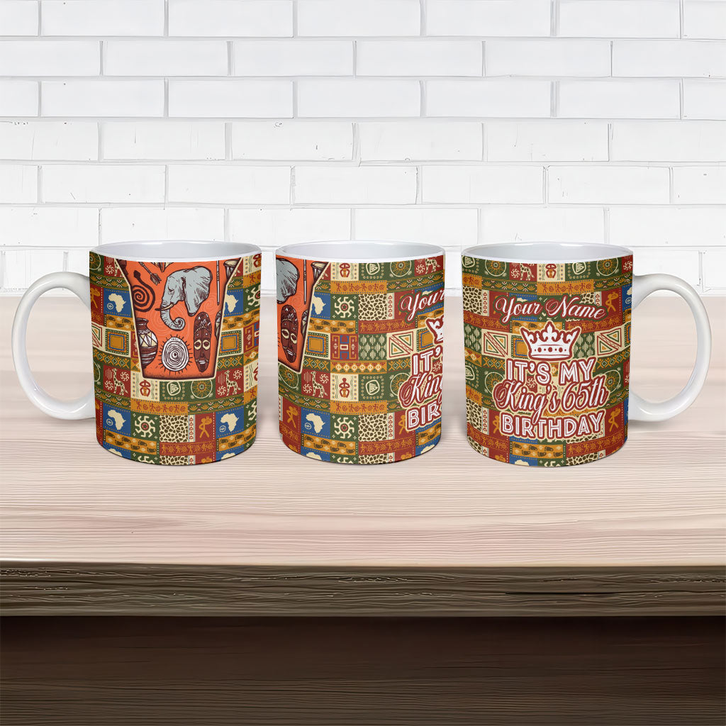 Personalized African King's 65th Birthday Ceramic Mug Traditional Ethnic Patchwork Safari Animals