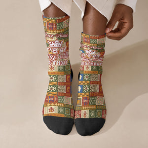 Personalized African King's 65th Birthday Crew Socks Traditional Ethnic Patchwork Safari Animals