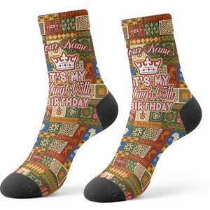 Personalized African King's 65th Birthday Crew Socks Traditional Ethnic Patchwork Safari Animals