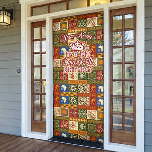 Personalized African King's 65th Birthday Door Cover Traditional Ethnic Patchwork Safari Animals