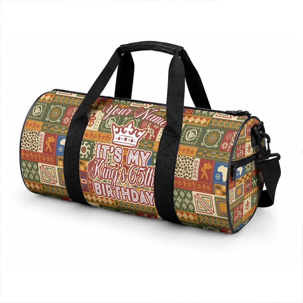 Personalized African King's 65th Birthday Duffle Bag Traditional Ethnic Patchwork Safari Animals