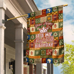 Personalized African King's 65th Birthday Garden Flag Traditional Ethnic Patchwork Safari Animals