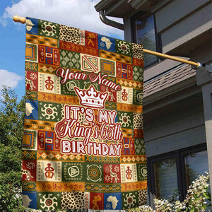 Personalized African King's 65th Birthday Garden Flag Traditional Ethnic Patchwork Safari Animals