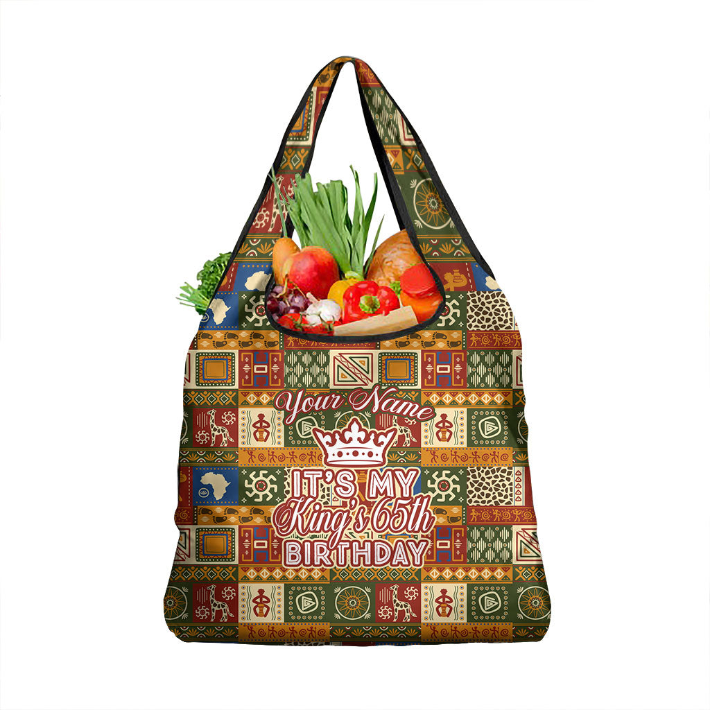 Personalized African King's 65th Birthday Grocery Bag Traditional Ethnic Patchwork Safari Animals
