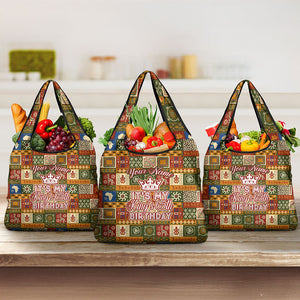 Personalized African King's 65th Birthday Grocery Bag Traditional Ethnic Patchwork Safari Animals