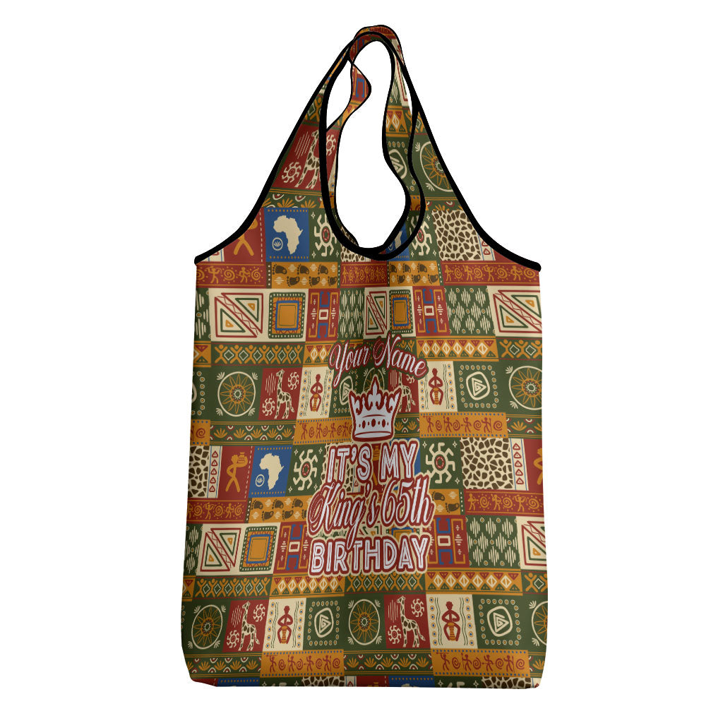Personalized African King's 65th Birthday Grocery Bag Traditional Ethnic Patchwork Safari Animals