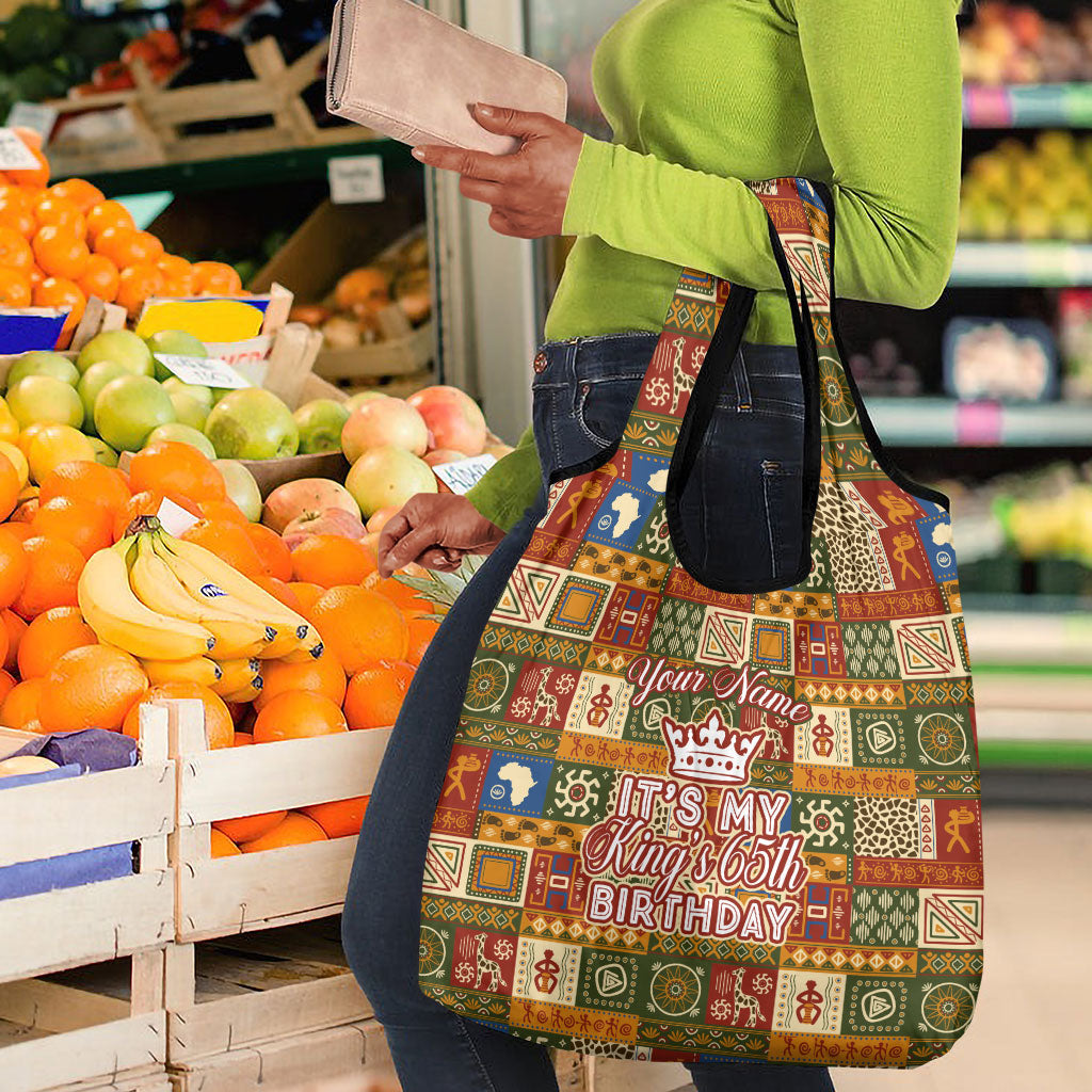 Personalized African King's 65th Birthday Grocery Bag Traditional Ethnic Patchwork Safari Animals