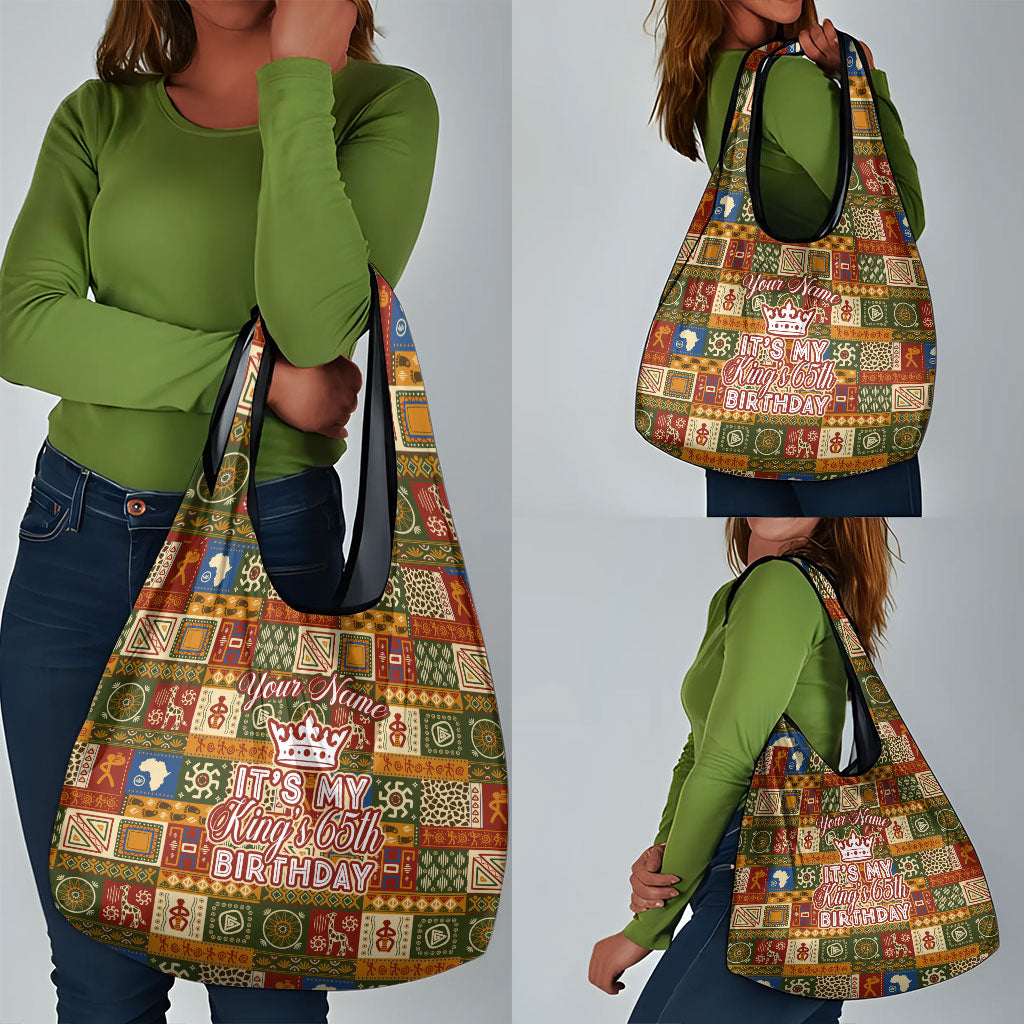 Personalized African King's 65th Birthday Grocery Bag Traditional Ethnic Patchwork Safari Animals