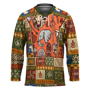 Personalized African King's 65th Birthday Hockey Jersey Traditional Ethnic Patchwork Safari Animals