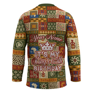 Personalized African King's 65th Birthday Hockey Jersey Traditional Ethnic Patchwork Safari Animals