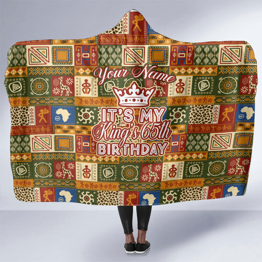 Personalized African King's 65th Birthday Hooded Blanket Traditional Ethnic Patchwork Safari Animals
