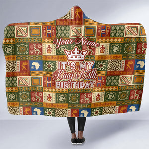 Personalized African King's 65th Birthday Hooded Blanket Traditional Ethnic Patchwork Safari Animals