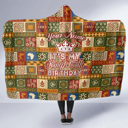 Personalized African King's 65th Birthday Hooded Blanket Traditional Ethnic Patchwork Safari Animals