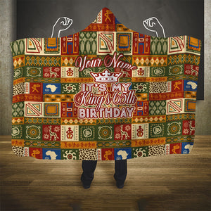 Personalized African King's 65th Birthday Hooded Blanket Traditional Ethnic Patchwork Safari Animals