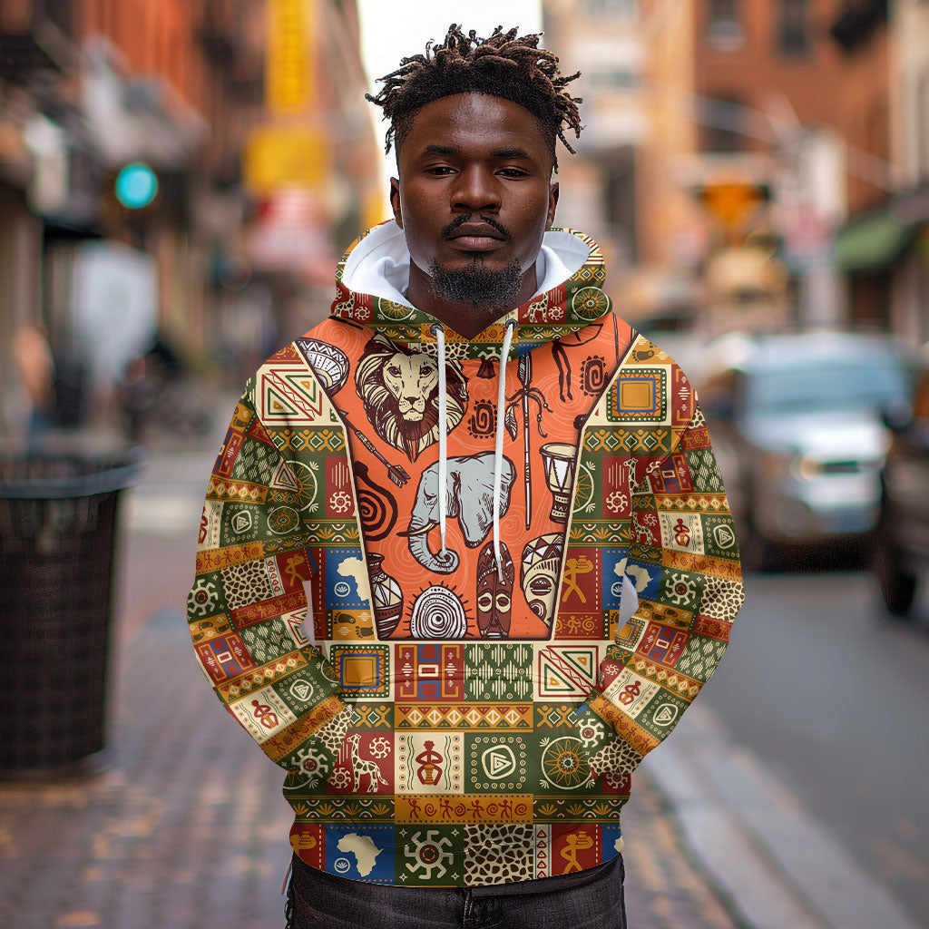 Personalized African King's 65th Birthday Hoodie Traditional Ethnic Patchwork Safari Animals