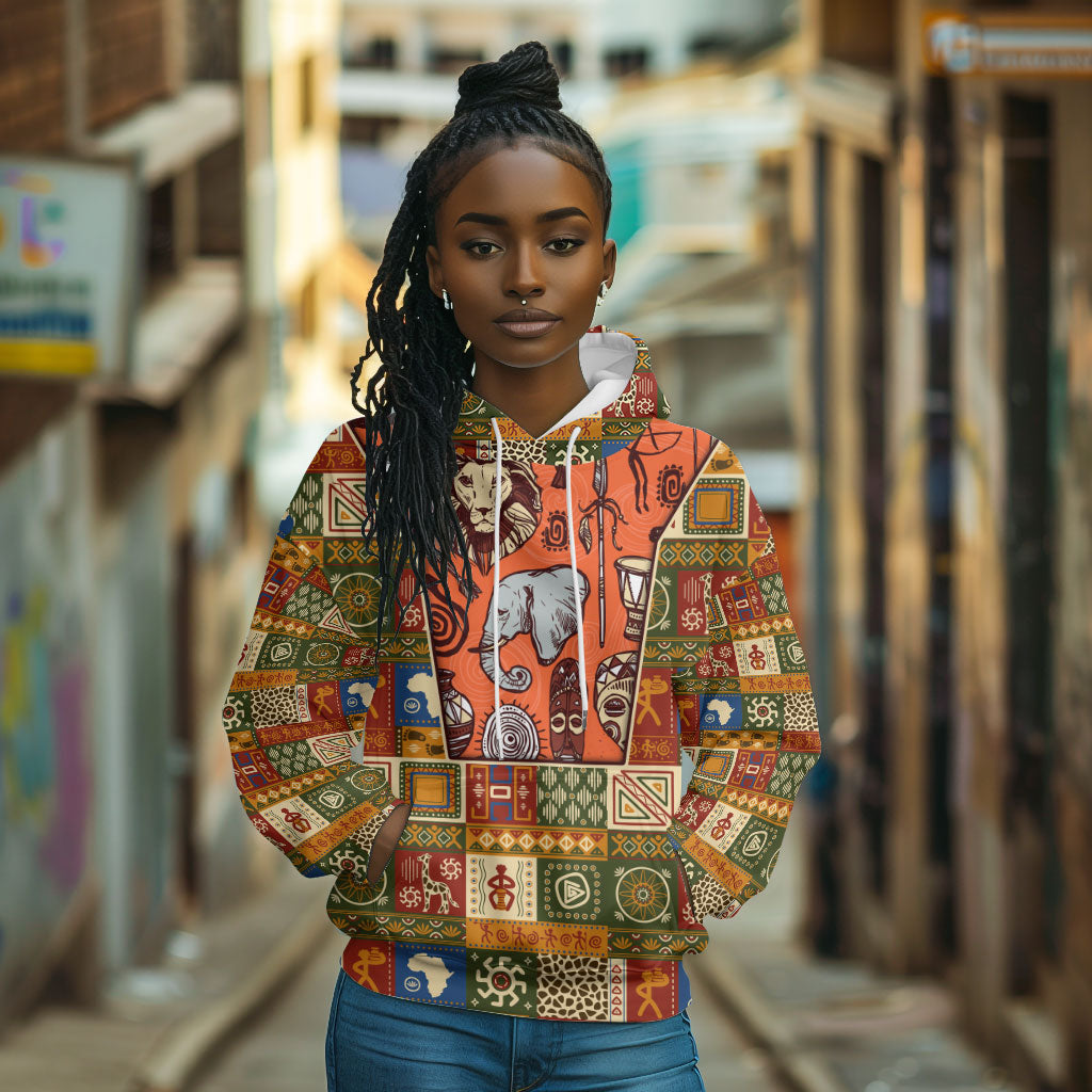 Personalized African King's 65th Birthday Hoodie Traditional Ethnic Patchwork Safari Animals