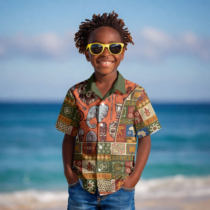 Personalized African King's 65th Birthday Kid Hawaiian Shirt Traditional Ethnic Patchwork Safari Animals