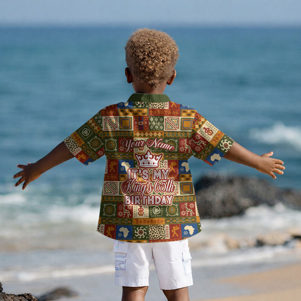 Personalized African King's 65th Birthday Kid Hawaiian Shirt Traditional Ethnic Patchwork Safari Animals