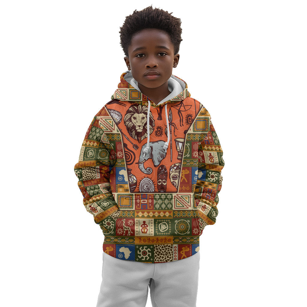 Personalized African King's 65th Birthday Kid Hoodie Traditional Ethnic Patchwork Safari Animals